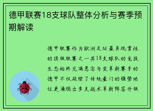 德甲联赛18支球队整体分析与赛季预期解读
