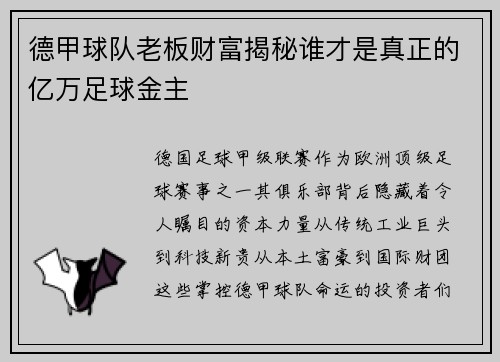 德甲球队老板财富揭秘谁才是真正的亿万足球金主